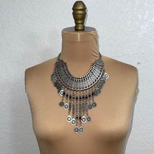 Silver-tone Statement Necklace with Black Crystal Details